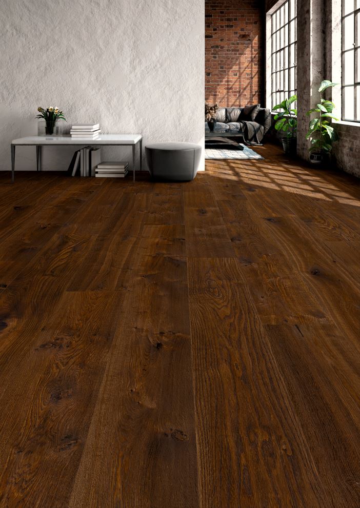 Schlossdiele Eiche astig Darkbrown, handgehobelt, dunkel geräuchert und Natur geölt